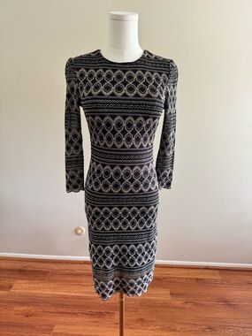 Y2K CACHE Black and Cream Patterned Long Sleeve Bodycon Dress